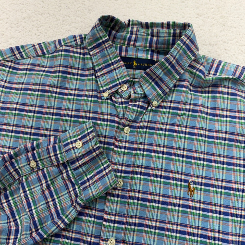 Ralph Lauren Mens XL Blue Green Plaid Cotton Button Down Long Sleeve Shirt